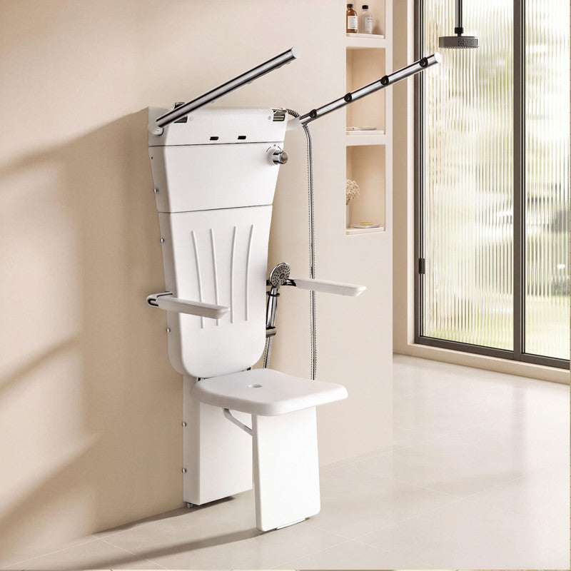 25.7 in. W × 21.7 in. D × 51.9 in. H Senior-Friendly Wall-Mounted Thermostatic Shower System with Height-Adjustable Fold-Down Seat, Support Armrests and Handheld Showerhead in White