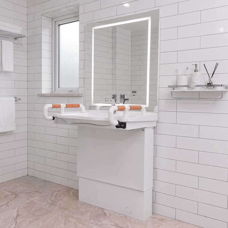 29.5 in. Electric Height-Adjustable Wall-Mounted Accessible Bathroom Sink with Ceramic Basin and LED Mirror Cabinet in White
