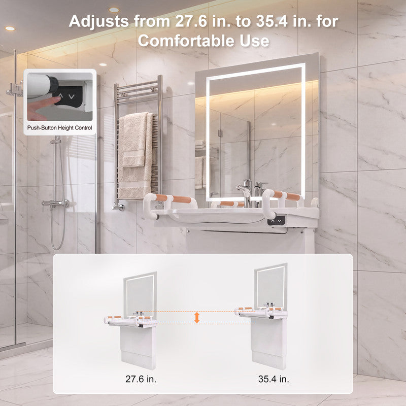 29.5 in. Electric Height-Adjustable Wall-Mounted Accessible Bathroom Sink with Ceramic Basin and LED Mirror Cabinet in White
