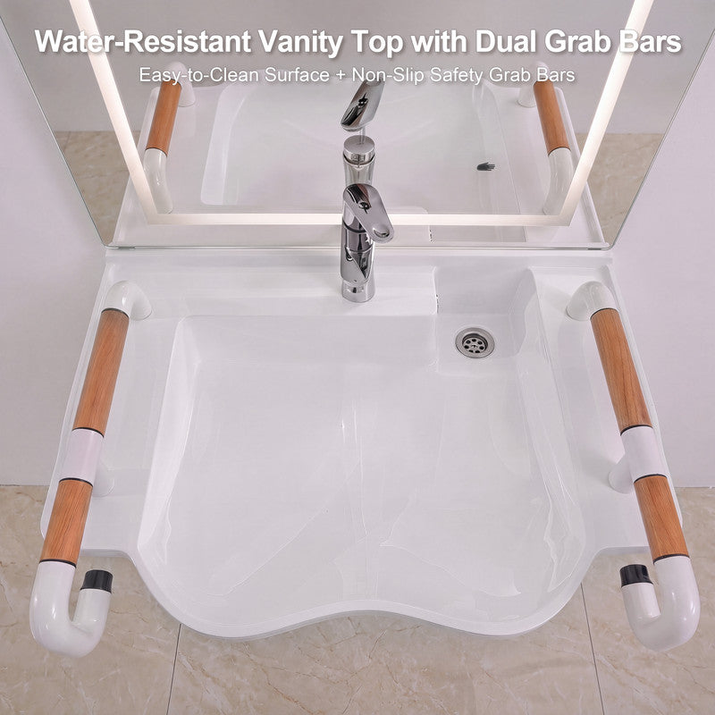 29.5 in. Electric Height-Adjustable Wall-Mounted Accessible Bathroom Sink with Ceramic Basin and LED Mirror Cabinet in White