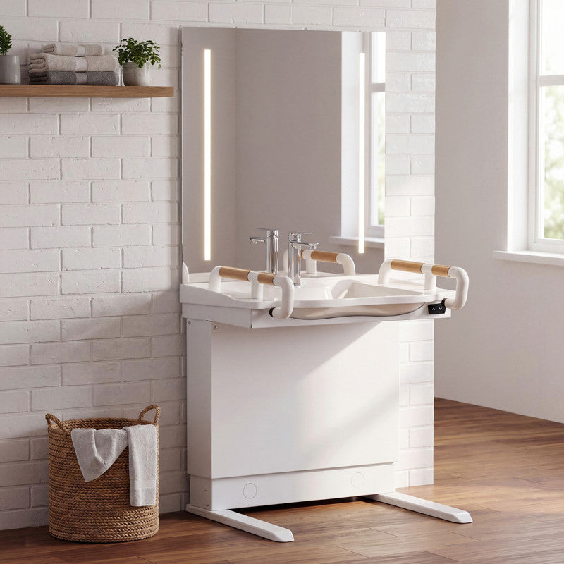 29.5 in. Electric Height-Adjustable Freestanding Accessible Bathroom Sink with Ceramic Basin and LED Mirror Cabinet in White