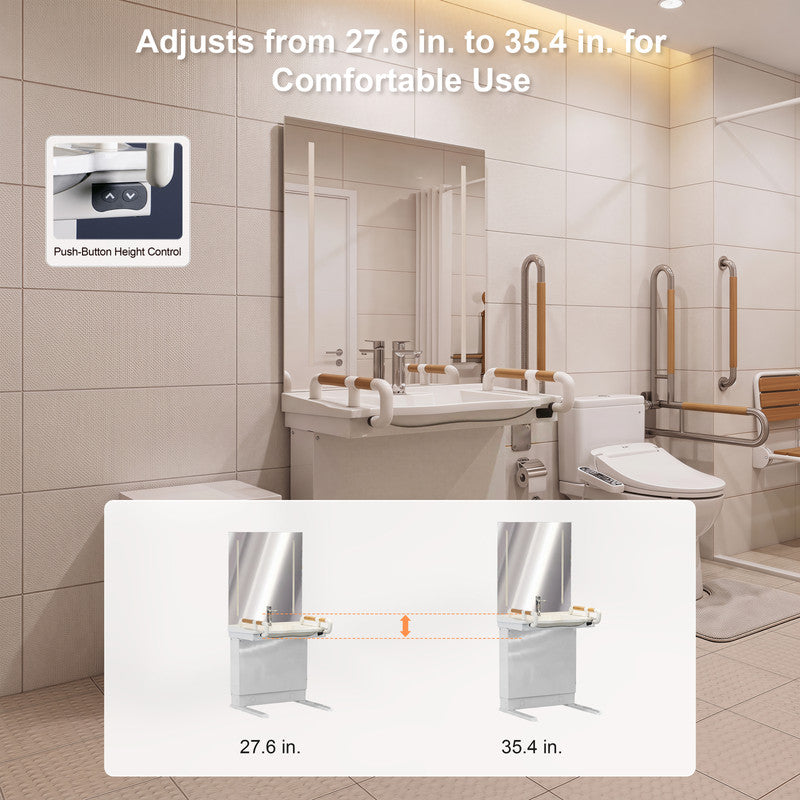 29.5 in. Electric Height-Adjustable Freestanding Accessible Bathroom Sink with Ceramic Basin and LED Mirror Cabinet in White