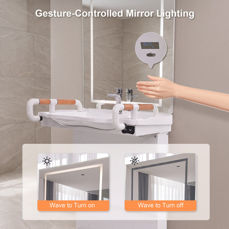 29.5 in. Electric Height-Adjustable Freestanding Accessible Bathroom Sink with Ceramic Basin and LED Mirror Cabinet in White