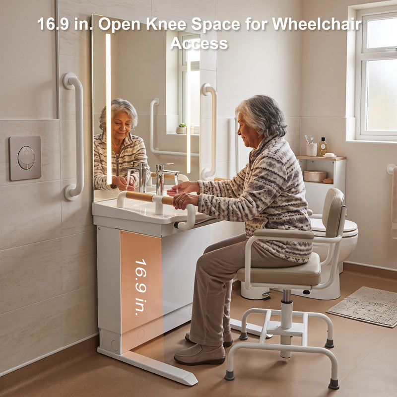29.5 in. Electric Height-Adjustable Freestanding Accessible Bathroom Sink with Ceramic Basin and LED Mirror Cabinet in White