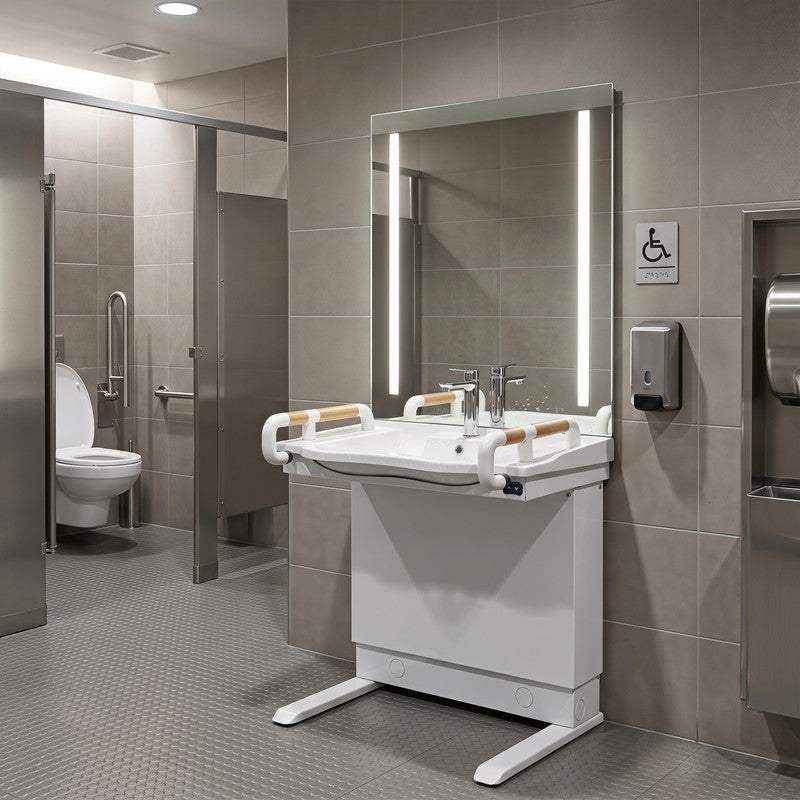 29.5 in. Electric Height-Adjustable Freestanding Accessible Bathroom Sink with Ceramic Basin and LED Mirror Cabinet in White
