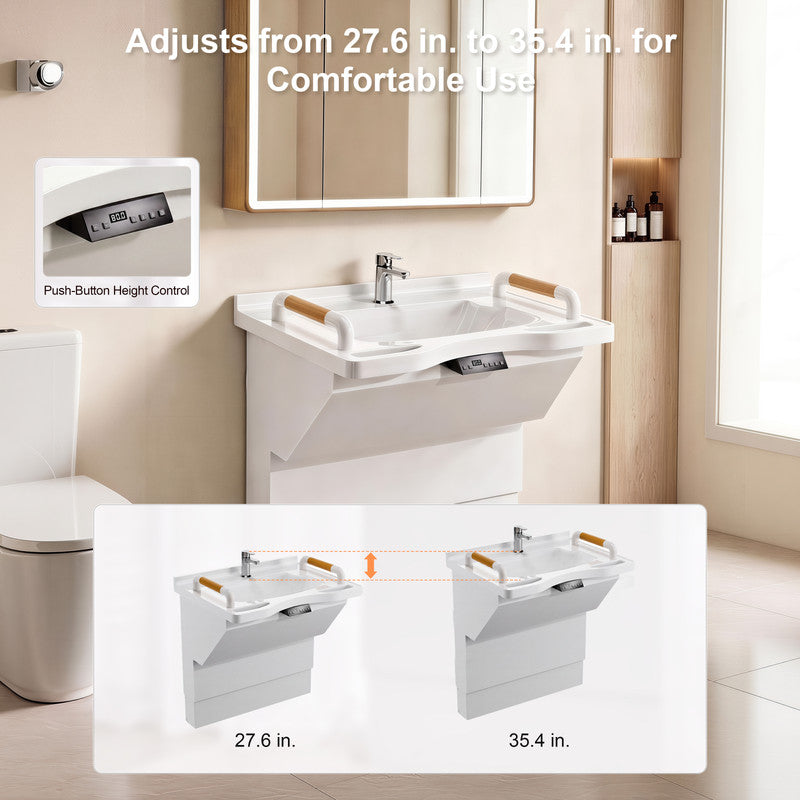 27.6 in. Electric Height-Adjustable Wall-Mounted Accessible Bathroom Sink with Resin Basin and Support Handles in White