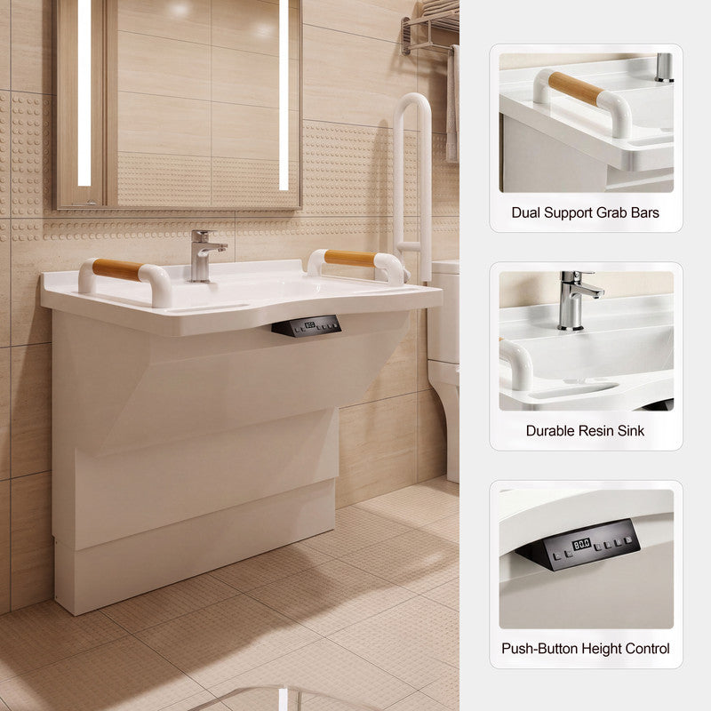 27.6 in. Electric Height-Adjustable Wall-Mounted Accessible Bathroom Sink with Resin Basin and Support Handles in White