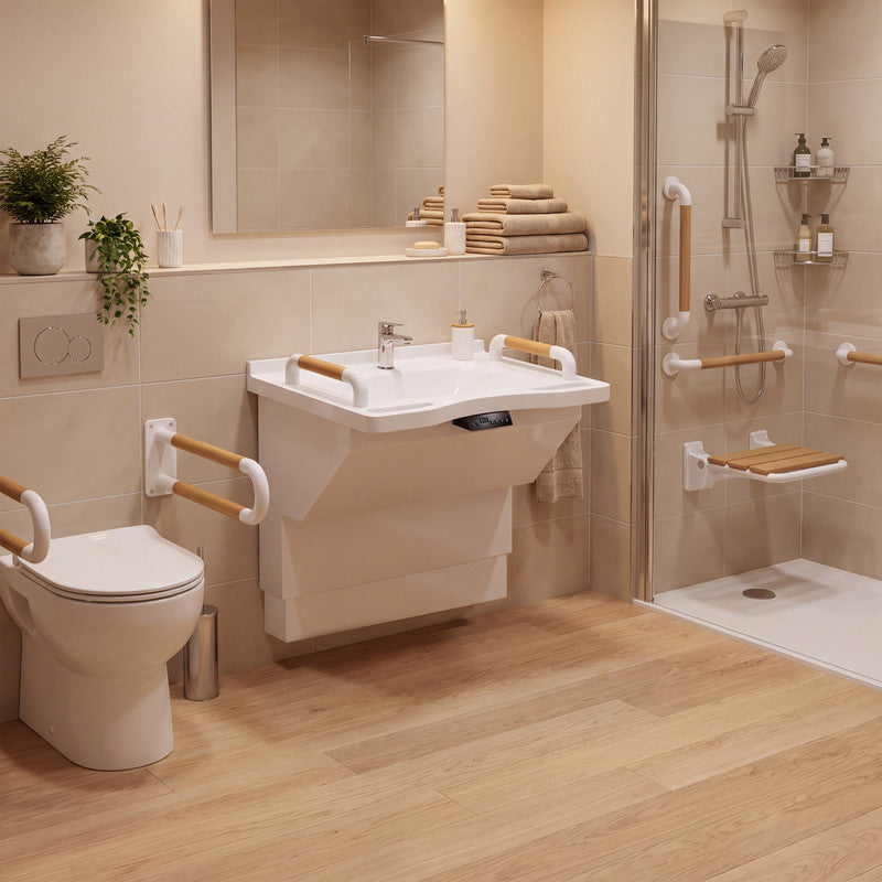 27.6 in. Electric Height-Adjustable Wall-Mounted Accessible Bathroom Sink with Resin Basin and Support Handles in White