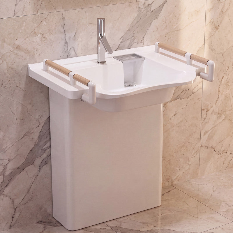31.5 in. Wall-Mounted Accessible Bathroom Sink with Solid Surface Basin and Integrated Support Handles in White