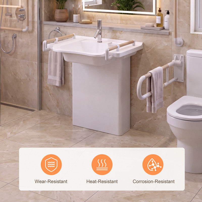 31.5 in. Wall-Mounted Accessible Bathroom Sink with Solid Surface Basin and Integrated Support Handles in White