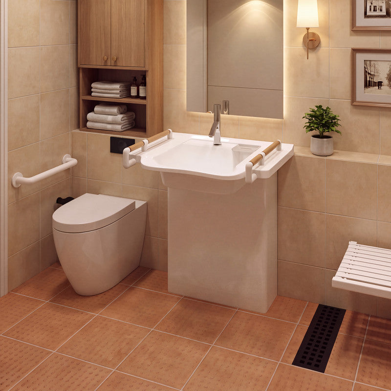 31.5 in. Wall-Mounted Accessible Bathroom Sink with Solid Surface Basin and Integrated Support Handles in White
