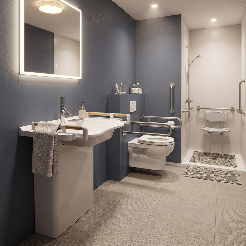 31.5 in. Wall-Mounted Accessible Bathroom Sink with Solid Surface Basin and Integrated Support Handles in White