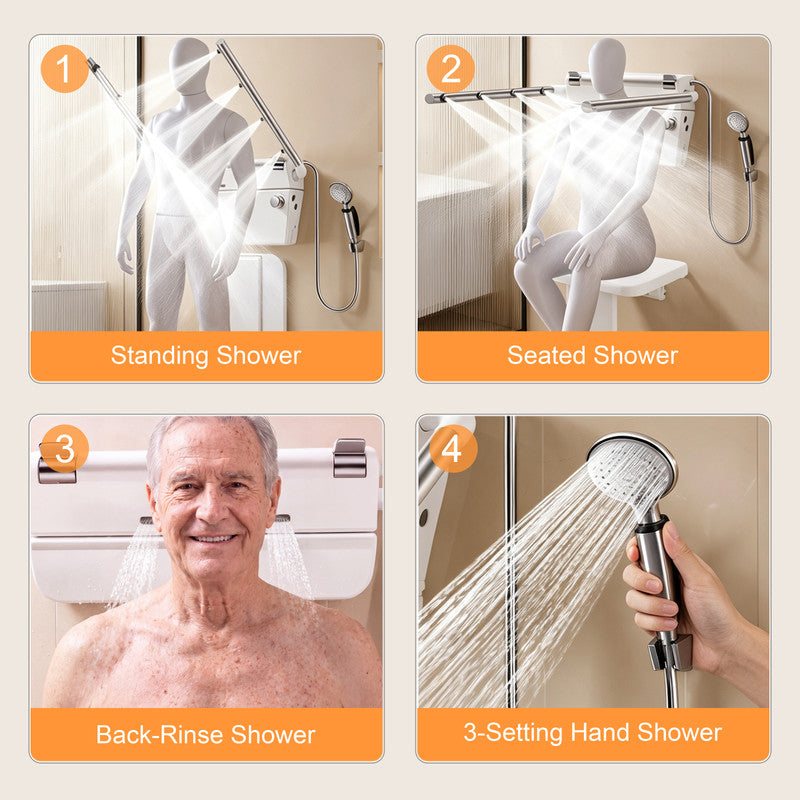 29.1 in. W × 25.3  in. D × 13.3 in. H Senior-Friendly Accessible Shower System with Height-Adjustable Fold-Down Seat, Adjustable Spray Arms for Senior Living Facilities