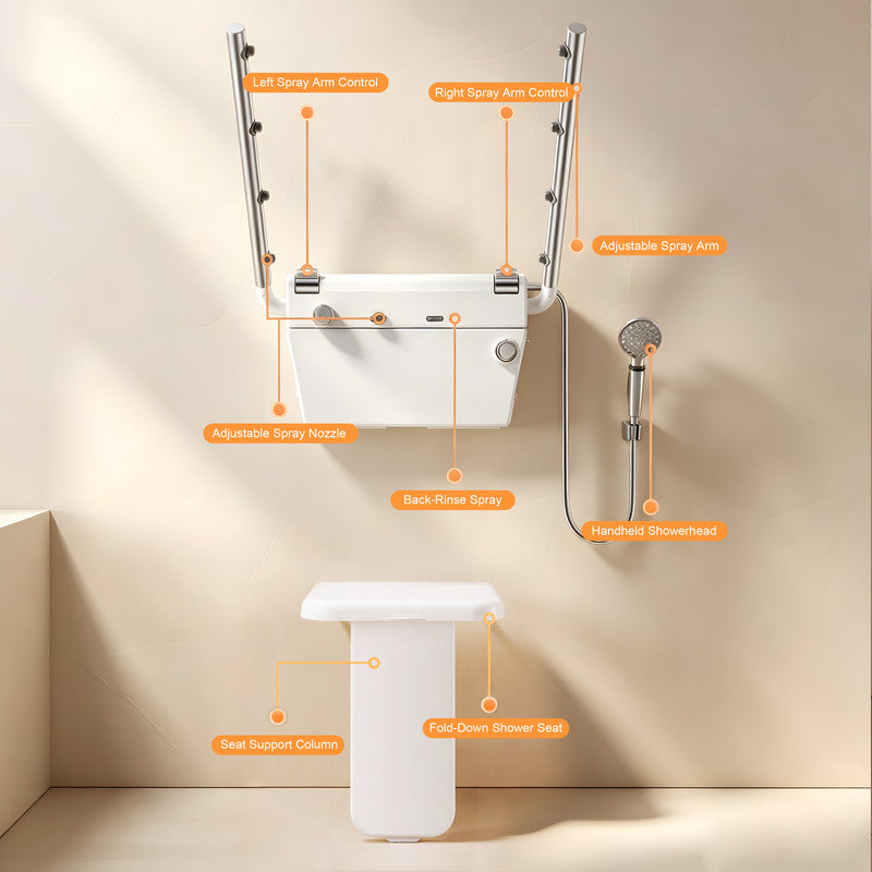 29.1 in. W × 25.3  in. D × 13.3 in. H Senior-Friendly Accessible Shower System with Height-Adjustable Fold-Down Seat, Adjustable Spray Arms for Senior Living Facilities
