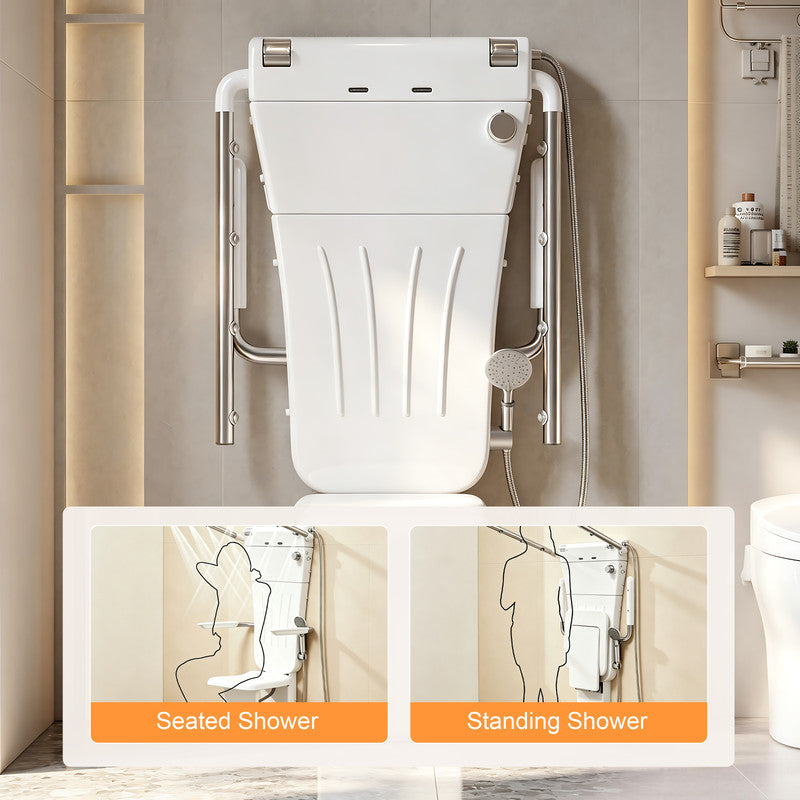 25.7 in. W × 21.7  in. D × 51.9 in. H Senior-Friendly Wall-Mounted Thermostatic Shower System with Height-Adjustable Fold-Down Seat, Support Armrests and Handheld Showerhead in White