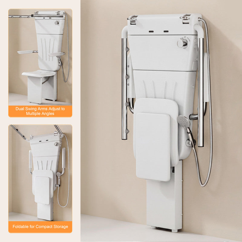 25.7 in. W × 21.7  in. D × 51.9 in. H Senior-Friendly Wall-Mounted Thermostatic Shower System with Height-Adjustable Fold-Down Seat, Support Armrests and Handheld Showerhead in White