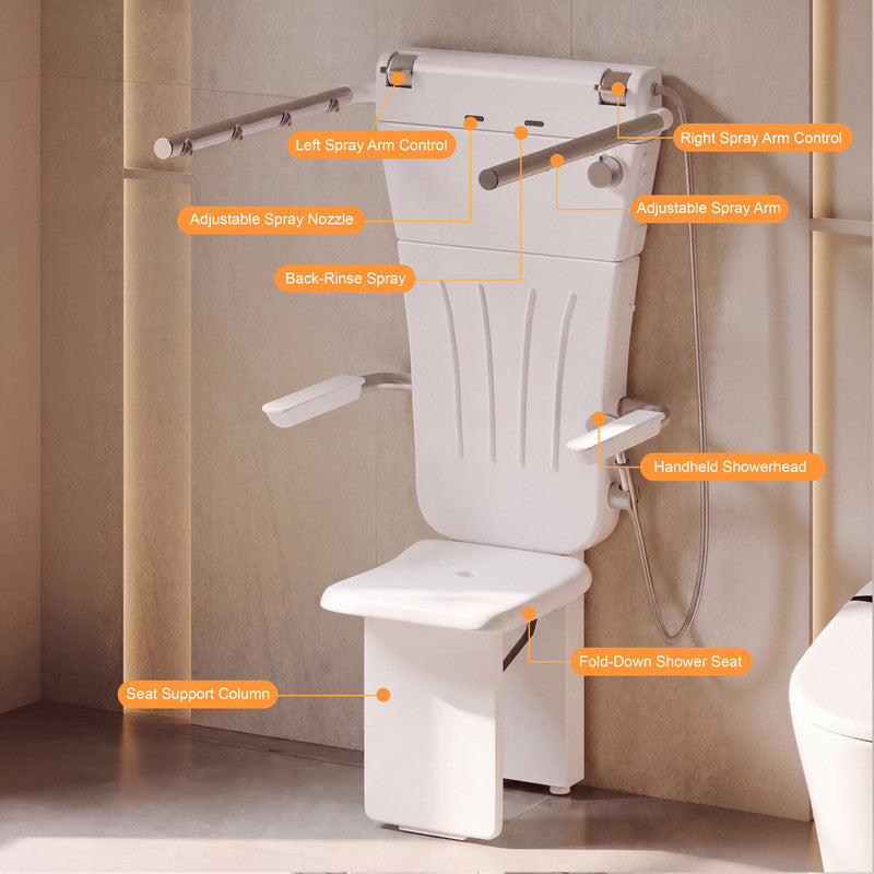 25.7 in. W × 21.7  in. D × 51.9 in. H Senior-Friendly Wall-Mounted Thermostatic Shower System with Height-Adjustable Fold-Down Seat, Support Armrests and Handheld Showerhead in White