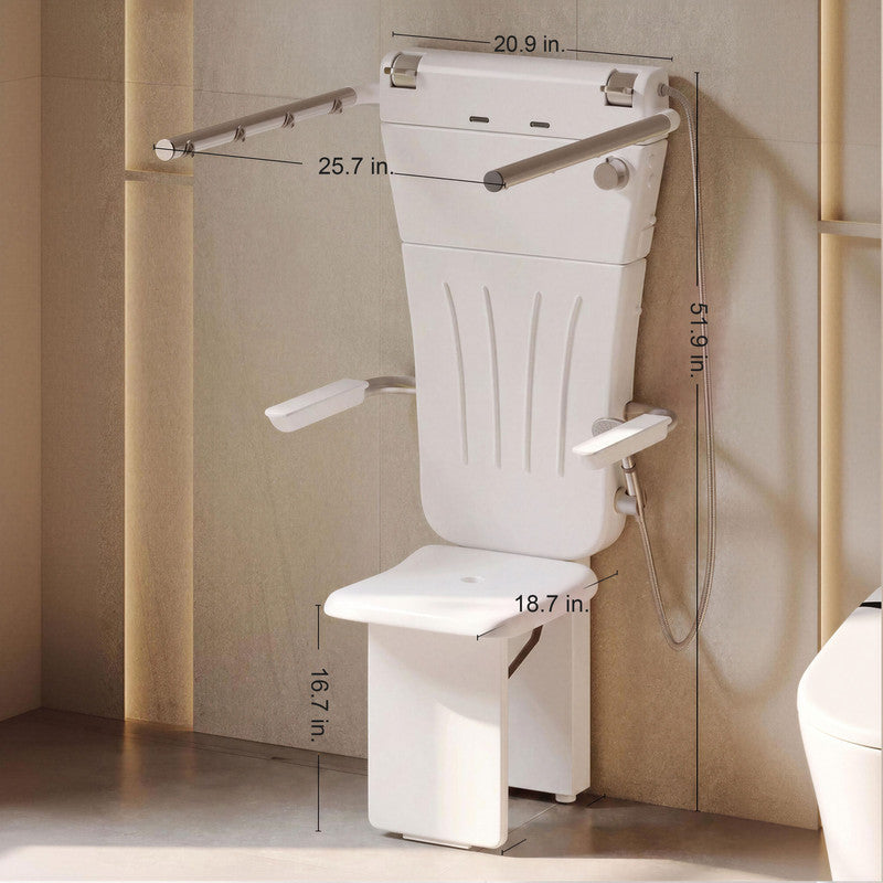 25.7 in. W × 21.7  in. D × 51.9 in. H Senior-Friendly Wall-Mounted Thermostatic Shower System with Height-Adjustable Fold-Down Seat, Support Armrests and Handheld Showerhead in White