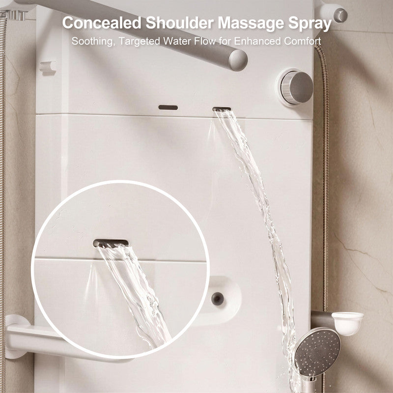 20.9 in. W × 5.9 in. D × 51.2 in. H Senior-Friendly Wall-Mounted Thermostatic Shower Panel System with Fold-Down Seat, Adjustable Spray Arms, Support Armrests, Rain Showerhead and Handheld Showerhead in White