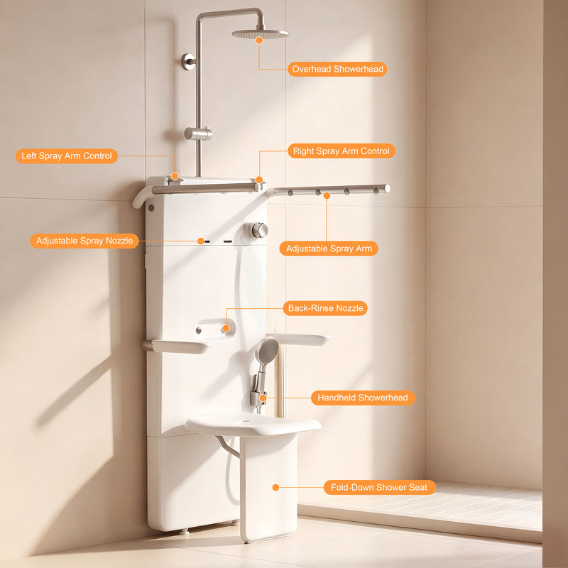 20.9 in. W × 5.9 in. D × 51.2 in. H Senior-Friendly Wall-Mounted Thermostatic Shower Panel System with Fold-Down Seat, Adjustable Spray Arms, Support Armrests, Rain Showerhead and Handheld Showerhead in White