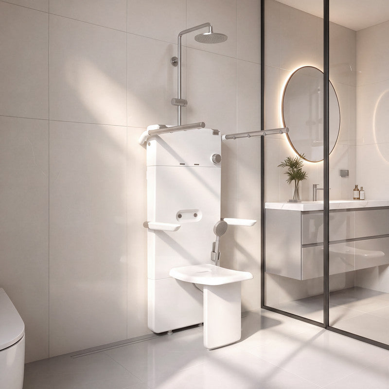 20.9 in. W × 5.9 in. D × 51.2 in. H Senior-Friendly Wall-Mounted Thermostatic Shower Panel System with Fold-Down Seat, Adjustable Spray Arms, Support Armrests, Rain Showerhead and Handheld Showerhead in White