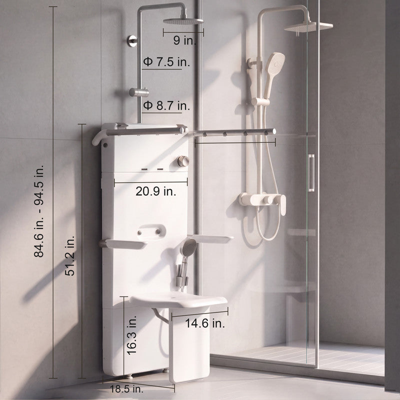 20.9 in. W × 5.9 in. D × 51.2 in. H Senior-Friendly Wall-Mounted Thermostatic Shower Panel System with Fold-Down Seat, Adjustable Spray Arms, Support Armrests, Rain Showerhead and Handheld Showerhead in White