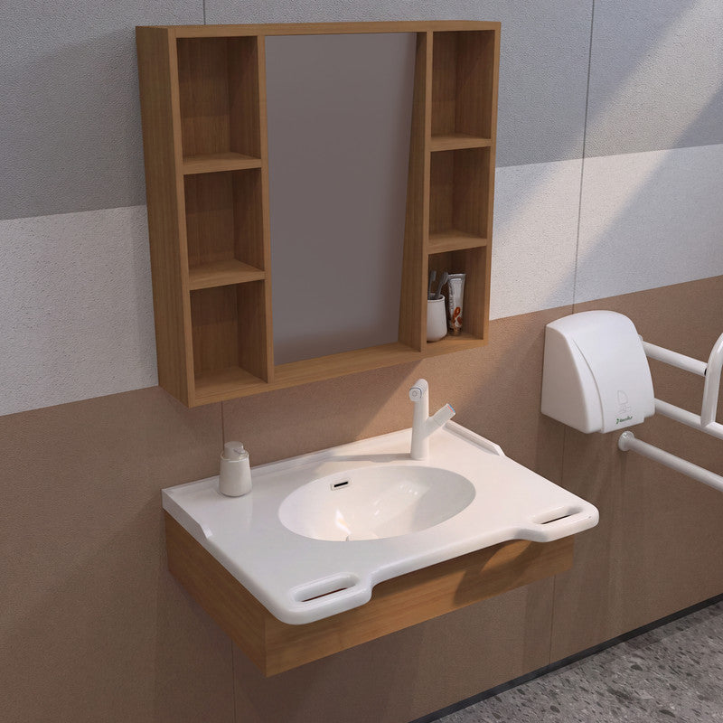 30 in. Wall-Mounted Accessible Bathroom Vanity with Sink, Support Handles and Motion-Sensor LED Mirror Cabinet in White and Walnut