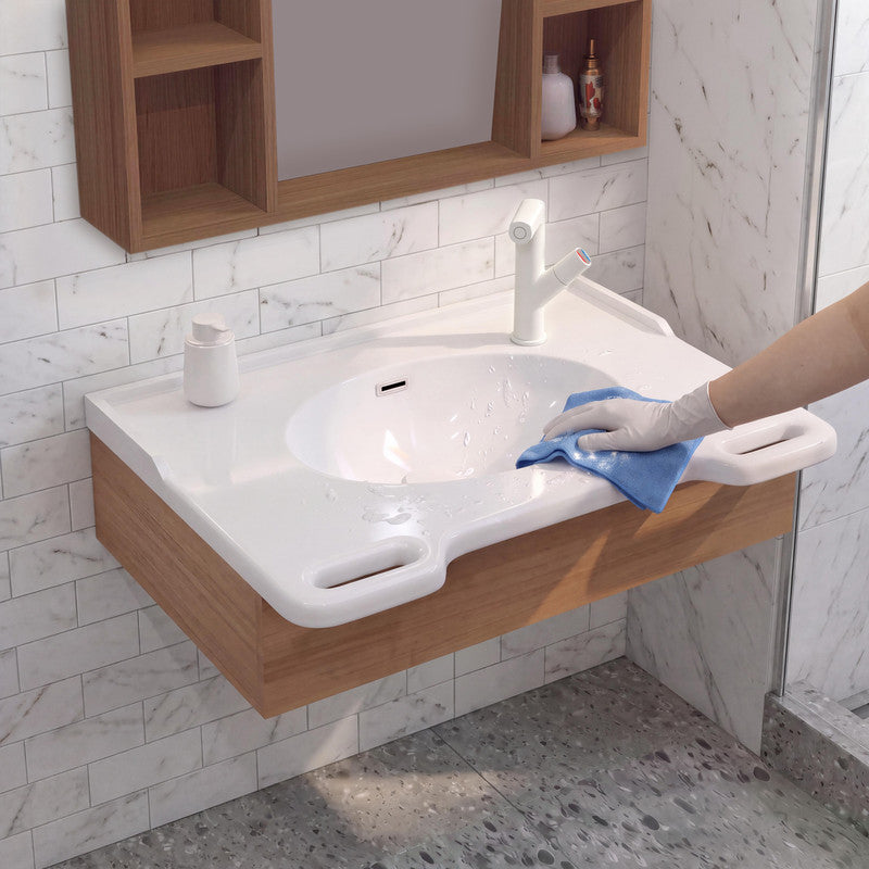 30 in. Wall-Mounted Accessible Bathroom Vanity with Sink, Support Handles and Motion-Sensor LED Mirror Cabinet in White and Walnut
