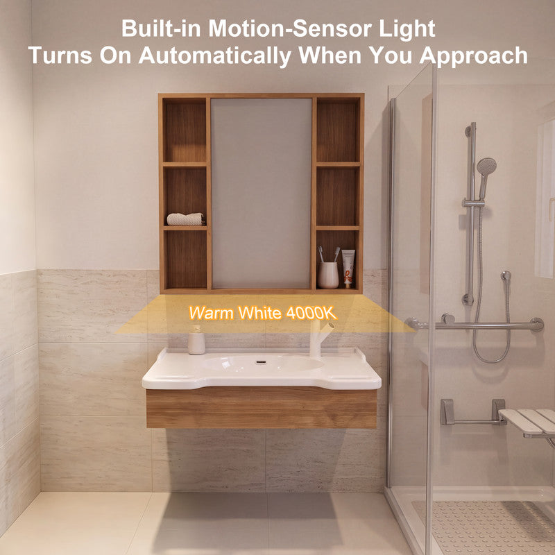 30 in. Wall-Mounted Accessible Bathroom Vanity with Sink, Support Handles and Motion-Sensor LED Mirror Cabinet in White and Walnut