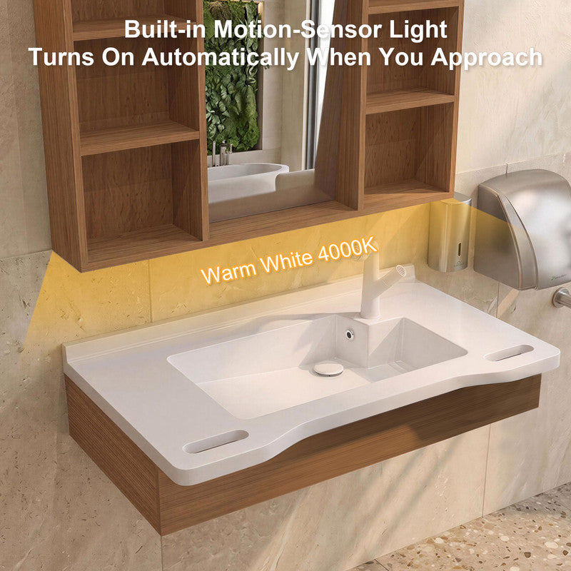 36 in. Senior-Friendly Wall-Mounted Bathroom Vanity with Integrated Sink, Dual Assist Handles and Motion-Sensor LED Mirror Cabinet in White and Walnut