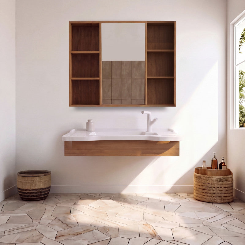 36 in. Senior-Friendly Wall-Mounted Bathroom Vanity with Integrated Sink, Dual Assist Handles and Motion-Sensor LED Mirror Cabinet in White and Walnut