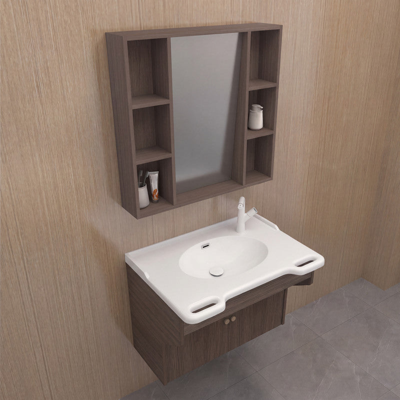 30 in. Wall-Mounted Accessible Bathroom Vanity with Sink, Support Handles and Motion-Sensor LED Mirror Cabinet in White and Dark Gray Oak