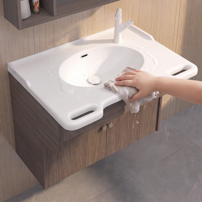 30 in. Wall-Mounted Accessible Bathroom Vanity with Sink, Support Handles and Motion-Sensor LED Mirror Cabinet in White and Dark Gray Oak