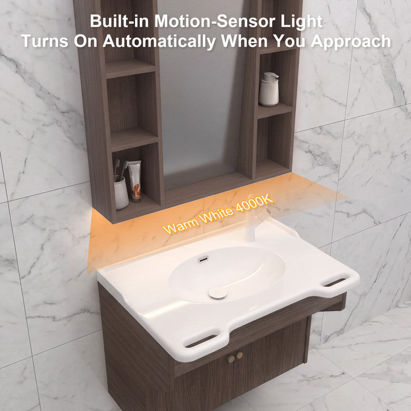 30 in. Wall-Mounted Accessible Bathroom Vanity with Sink, Support Handles and Motion-Sensor LED Mirror Cabinet in White and Dark Gray Oak