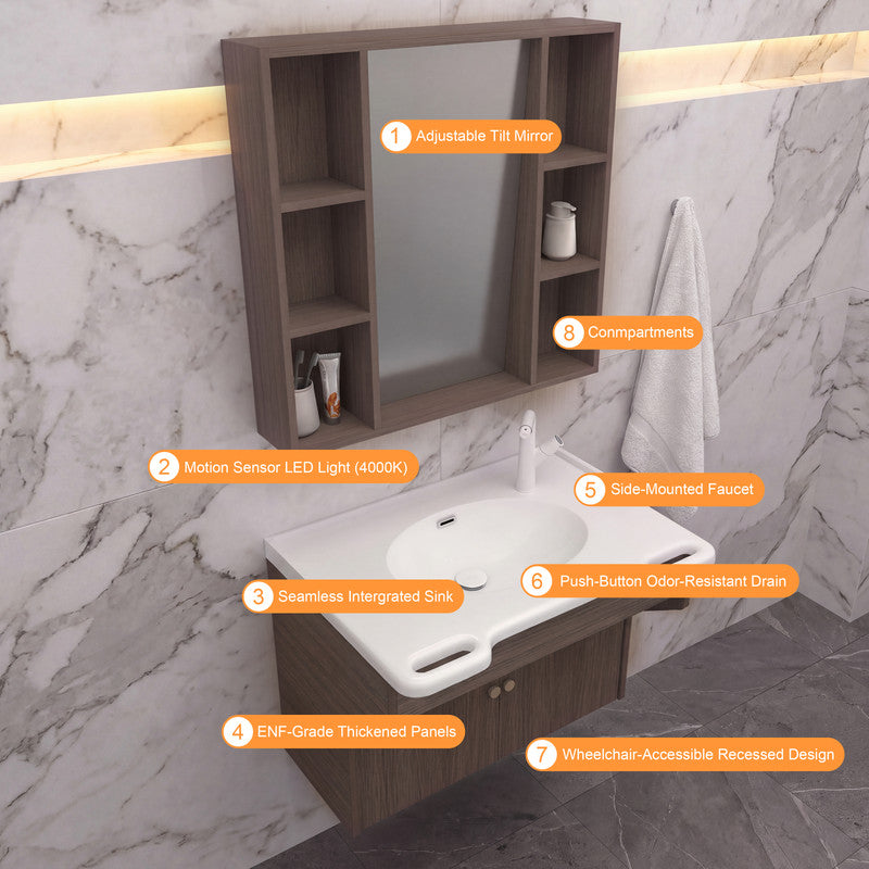 30 in. Wall-Mounted Accessible Bathroom Vanity with Sink, Support Handles and Motion-Sensor LED Mirror Cabinet in White and Dark Gray Oak