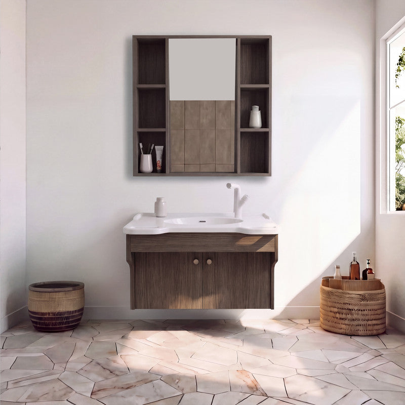 30 in. Wall-Mounted Accessible Bathroom Vanity with Sink, Support Handles and Motion-Sensor LED Mirror Cabinet in White and Dark Gray Oak
