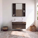 30 in. Wall-Mounted Accessible Bathroom Vanity with Sink, Support Handles and Motion-Sensor LED Mirror Cabinet in White and Dark Gray Oak