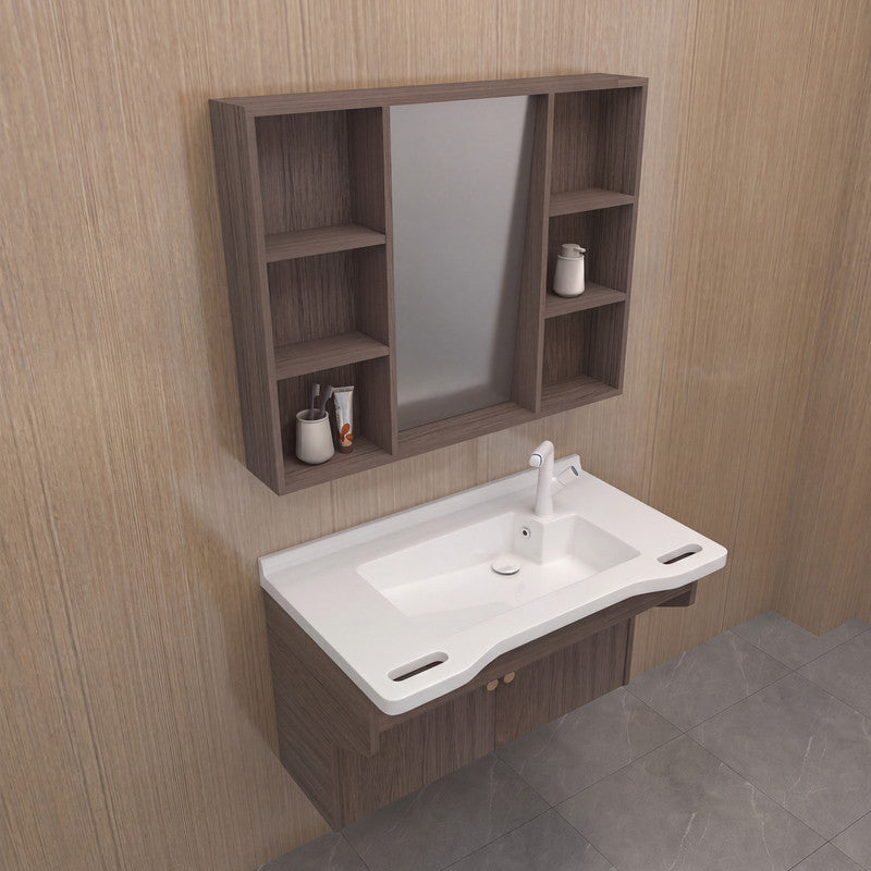 36 in. Wall-Mounted Accessible Bathroom Vanity with Sink, Support Handles and Motion-Sensor LED Mirror Cabinet in White and Dark Gray Oak