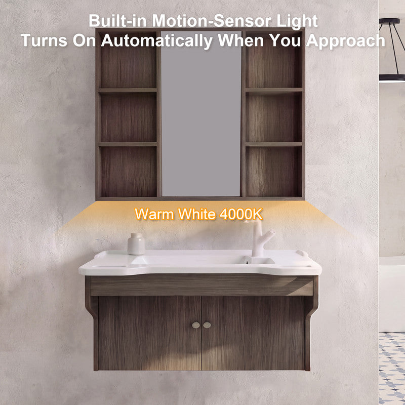 36 in. Wall-Mounted Accessible Bathroom Vanity with Sink, Support Handles and Motion-Sensor LED Mirror Cabinet in White and Dark Gray Oak