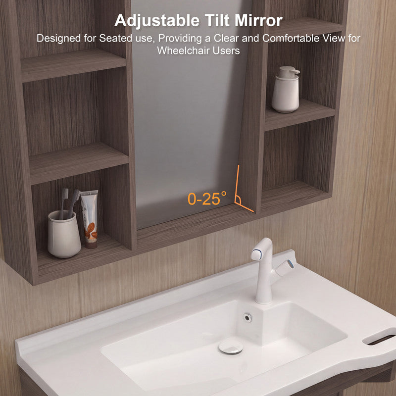 36 in. Wall-Mounted Accessible Bathroom Vanity with Sink, Support Handles and Motion-Sensor LED Mirror Cabinet in White and Dark Gray Oak
