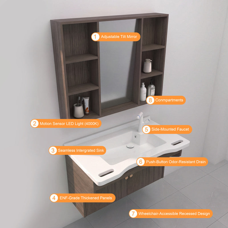 36 in. Wall-Mounted Accessible Bathroom Vanity with Sink, Support Handles and Motion-Sensor LED Mirror Cabinet in White and Dark Gray Oak