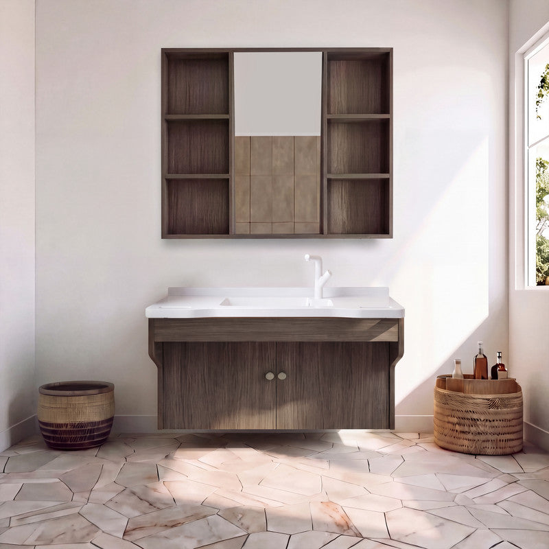 36 in. Wall-Mounted Accessible Bathroom Vanity with Sink, Support Handles and Motion-Sensor LED Mirror Cabinet in White and Dark Gray Oak