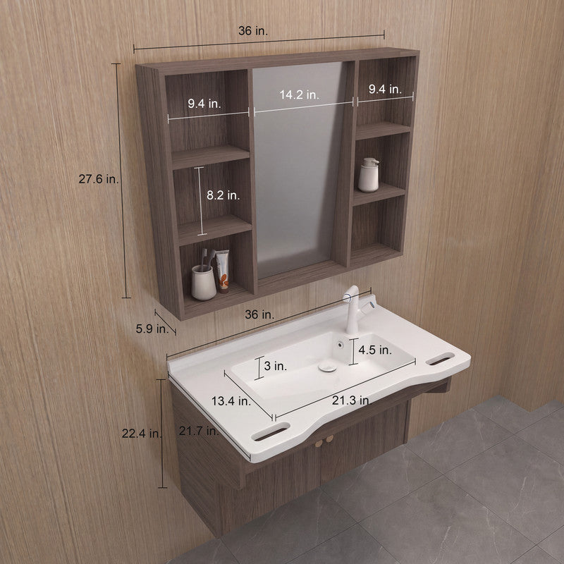 36 in. Wall-Mounted Accessible Bathroom Vanity with Sink, Support Handles and Motion-Sensor LED Mirror Cabinet in White and Dark Gray Oak