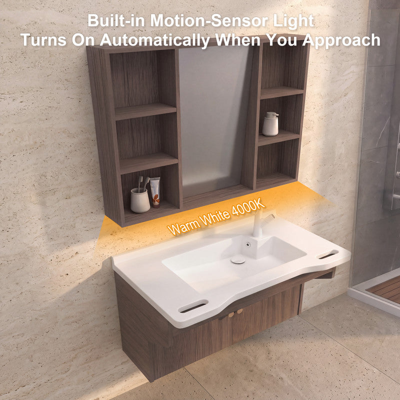 40 in. Wall-Mounted Accessible Bathroom Vanity with Sink, Support Handles and Motion-Sensor LED Mirror Cabinet in White and Dark Gray Oak