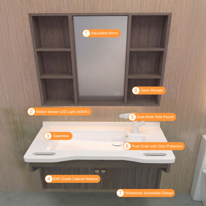 40 in. Wall-Mounted Accessible Bathroom Vanity with Sink, Support Handles and Motion-Sensor LED Mirror Cabinet in White and Dark Gray Oak