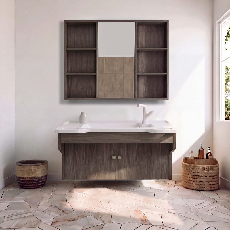 40 in. Wall-Mounted Accessible Bathroom Vanity with Sink, Support Handles and Motion-Sensor LED Mirror Cabinet in White and Dark Gray Oak