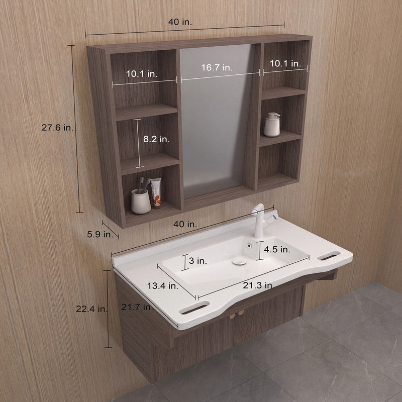 40 in. Wall-Mounted Accessible Bathroom Vanity with Sink, Support Handles and Motion-Sensor LED Mirror Cabinet in White and Dark Gray Oak