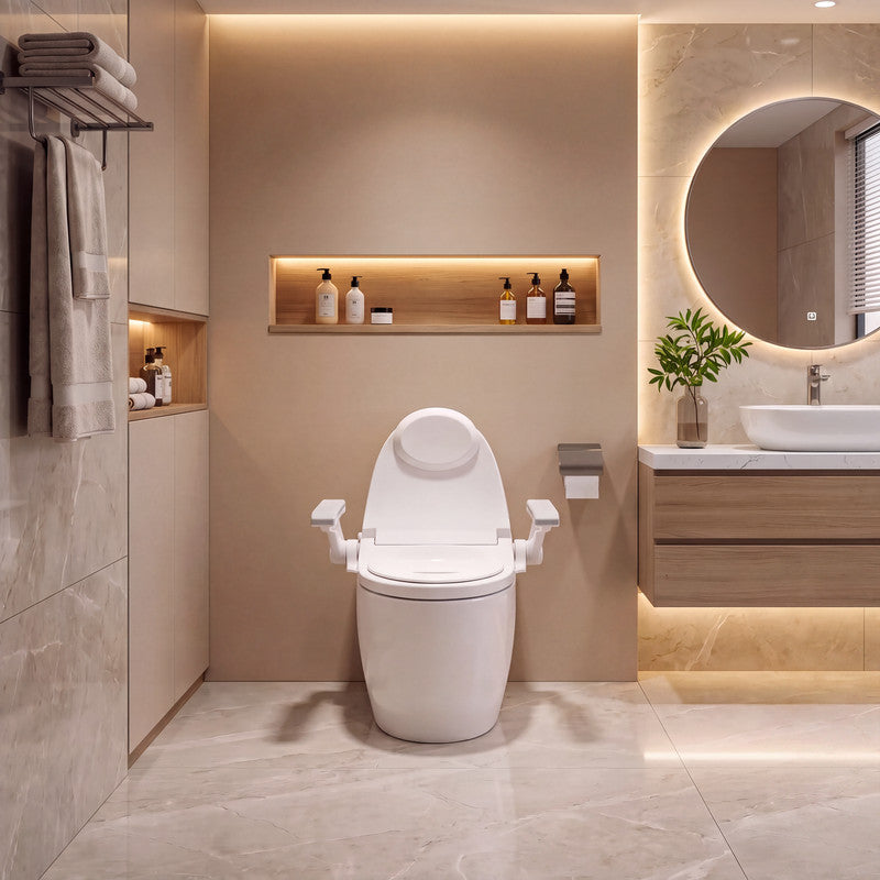 One-Piece Smart Bidet Toilet with Fold-Up Support Armrests, Backrest, Heated Seat and Auto Flush in White